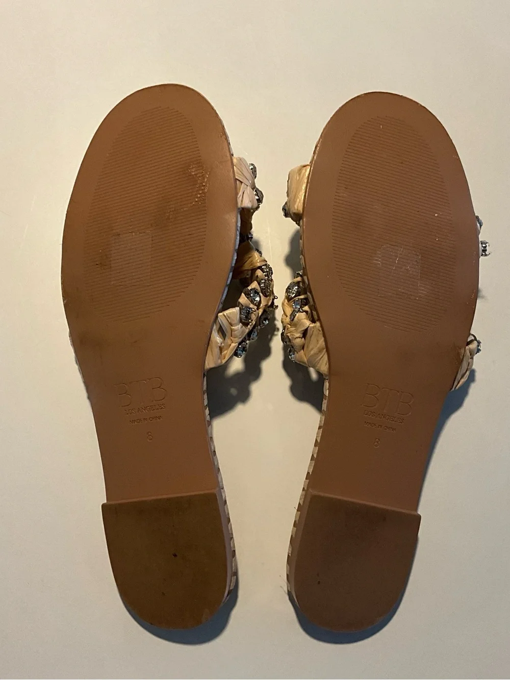 Raffia Braided Slide Sandal with Crystal Accents — Beige